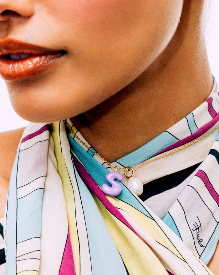 PUFFY ENAMEL INITIAL PEARL NECKLACE