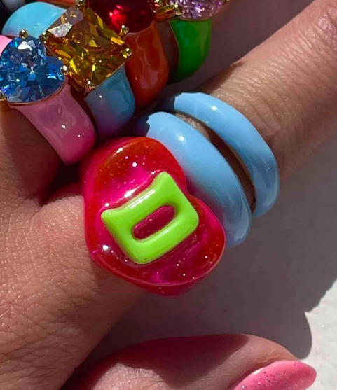 CHOOSE YOUR INITIAL 5 6 HOT PINK GLITTER LUCKY RING